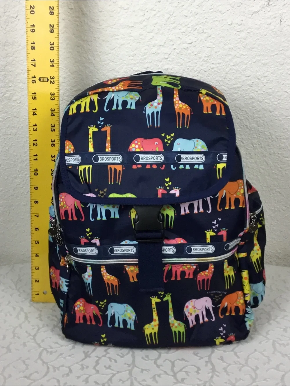 Colorful Giraffe & Elephant Print Navy Backpack